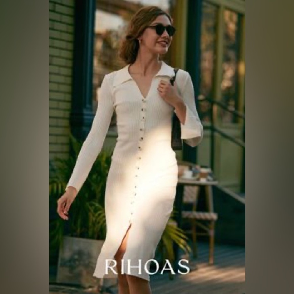 RIHOAS Cream Button-Up Midi Dress